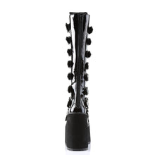 Load image into Gallery viewer, back side view of black vinyl 5 1/2" wedge platform Goth punk gogo knee high boot Adjustable straps from top to bottom of boot, with metal plates up the front with full back zipper