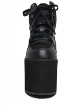 Load image into Gallery viewer, front view of black vegan leather platform shoe with EVA platform. Shoe looks like a sneaker, but super tall! Shoe has mesh lining.