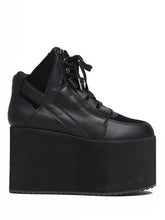 Load image into Gallery viewer, outer view of black vegan leather platform shoe with EVA platform. Shoe looks like a sneaker, but super tall! Shoe has mesh lining.