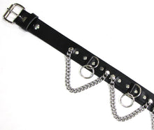 Load image into Gallery viewer, black bondage belt with silver hanging o rings and silver hanging chain