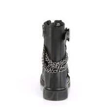 Load image into Gallery viewer, back side view of black vegan leather unisex mid-calf combat bootg, with 1 1/4" heel, 10 eyelets, top and bottom adjustable strap, and five row hanging chain on backside