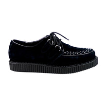 Load image into Gallery viewer, right side view of real leather black suede 1" platform D-Ring Lace-Up  w/Interwoven Apron and Piping Detail