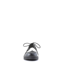 Load image into Gallery viewer, front side view of real leather 1" platform Rockabilly Punk Oxford Creeper with Black upper, white center, and black bottom to create a tuxedo look