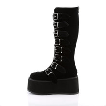 Load image into Gallery viewer, left side view of black vegan velvet suede 3.5" platform knee high boot Features 8 buckle straps w/ metal plates at center and back metal zip closure