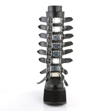 Load image into Gallery viewer, front side view of black vegan leather 3.5" platform knee high boot. Features 8 buckle straps w/ metal plates at center with back metal zip closure