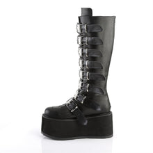 Load image into Gallery viewer, left side view of black vegan leather 3.5" platform knee high boot. Features 8 buckle straps w/ metal plates at center with back metal zip closure
