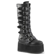 Load image into Gallery viewer, right side view of black vegan leather 3.5" platform knee high boot. Features 8 buckle straps w/ metal plates at center with back metal zip closure