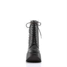 Load image into Gallery viewer, front side view of black vegan leather 5" Star cut-out wedge platform with lace-up front ankle boot Features exposed ornamental zipper and studs at outer side with Inside zip closure