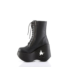 Load image into Gallery viewer, left side view of black vegan leather 5" Star cut-out wedge platform with lace-up front ankle boot Features exposed ornamental zipper and studs at outer side with Inside zip closure