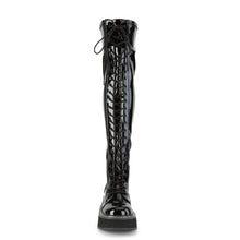 Load image into Gallery viewer, front side view of black patent vinyl 2" platform Straight thigh-high lace-up boot with outer metal zipper
