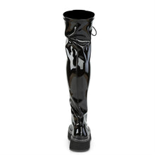 Load image into Gallery viewer, back side view of black patent vinyl 2" platform Straight thigh-high lace-up boot with outer metal zipper