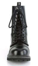 Load image into Gallery viewer, front side view of black real leather 10 eyelet steel toe boot