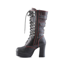 Load image into Gallery viewer, inner side view of Black vegan leather with red stitching, 3 3/4" Heel 1" Platform Lace up front platform mid-calf boot with straps and full inner side zipper
