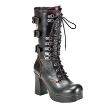 Load image into Gallery viewer, Outer side view of Black vegan leather with red stitching, 3 3/4" Heel 1" Platform Lace up front platform mid-calf boot with straps and full inner side zipper