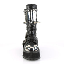 Load image into Gallery viewer, front side view of black vegan leather 3/4" platform Silver chrome plated metal toe cap Lace-up mid-calf boot Features buckle straps & cuff Features large silver chrome plate with large and small claw spikes and inside metal zip closure
