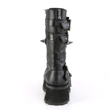 Load image into Gallery viewer, back side view of black vegan leather 3/4" platform Silver chrome plated metal toe cap Lace-up mid-calf boot Features buckle straps & cuff Features large silver chrome plate with large and small claw spikes and inside metal zip closure