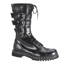 Load image into Gallery viewer, outer side view of Real black leather full front lace-up, no zipper mid-calf boot features 3 adjustable straps over top of laces