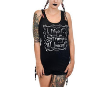Load image into Gallery viewer, front of women's Black racerback tank top with text design on front middle that reads "I, myself, ...am... Strange & Unusual"