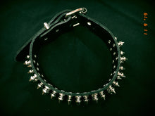 Load image into Gallery viewer, Black leather collar with three rows of silver 1/2" tree spikes.