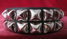 Load image into Gallery viewer, black leather bracelet with two rows of silver pyramid studs