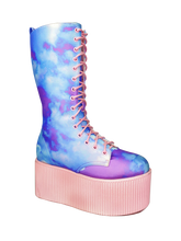 Load image into Gallery viewer, outer view of printed blue, purple, pink pastel upper, pink molded outsole, pink enamel eyelets and pink round lace boot. Boot has full lace-up front and full inner side zip.