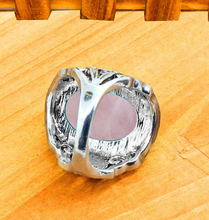 Load image into Gallery viewer, under side of Silver colored ring with oval natural pink quartz stone.