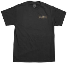 Load image into Gallery viewer, front of Black Lucky 13 t-shirt with a full back print of Lucky 13's "Never Die" art, which is a profile of a skull with "Never Die" and "Lucky Thirteen" written in the banners around it and a "13" on either side. The front left chest has a pocket logo print as well.
