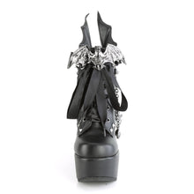 Load image into Gallery viewer, front view of 5" wedge platform Wedge ankle bootie style boot Features wrap around studded & spike straps Bat buckle detail Chain with various hanging charms Batwing detail up the back Inside metal zip closure.