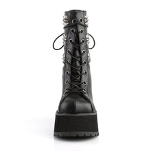 Load image into Gallery viewer, front view of Black vegan leather 3 3/4" heel, 2 1/4" platform lace-up front ankle boot, with triple studded ornamental straps and pyramid stud & horseshoe rings at back.