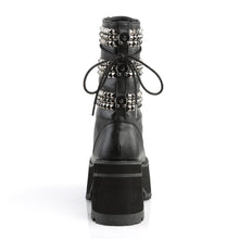 Load image into Gallery viewer, back side view of Black vegan leather 3 3/4" heel, 2 1/4" platform lace-up front ankle boot, with triple studded ornamental straps and pyramid stud & horseshoe rings at back.