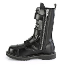 Load image into Gallery viewer, inner view of Real black leather, 12 Eyelet, steel toe lace-up triple buckle ankle boot with rubber sole and full length inside zip closure.