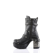 Load image into Gallery viewer, inner side view of black Vegan leather 3.5" chromed heel 1.5" molded platform Multi strap studded ankle boot With full inner side zipper