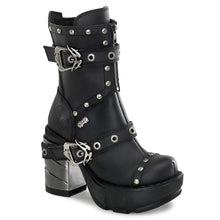 Load image into Gallery viewer, outer side view of black Vegan leather 3.5" chromed heel 1.5" molded platform Multi strap studded ankle boot With full inner side zipper