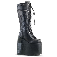 Load image into Gallery viewer, outer side view of black vegan leather 7" platform Full lace-up front, no zipper Knee high boot Features moto jacket inspired stitching and ornamental zipper details