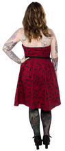 Load image into Gallery viewer, back view of Red spaghetti straps above the knee dress with black bat sihouette repeat pattern all over with attached adjustable black belt.