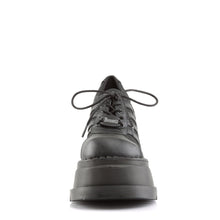 Load image into Gallery viewer, front view of black vegan leather 4 3/4" platform wedge Lace-up front