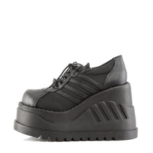 Load image into Gallery viewer, inner side view of black vegan leather 4 3/4" platform wedge Lace-up front