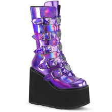 Load image into Gallery viewer, outer side view of vegan vinyl purple hologram 5 1/2" wedge platform Mid-calf boot Features 5 buckle straps w/ heart shaped metal plates at center with back metal zip closure