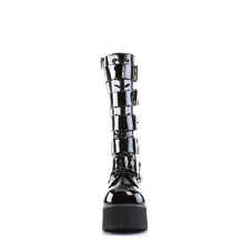 Load image into Gallery viewer, front side view of black vinyl patent shiny 3 1/4" platform Goth punk style knee high boot with 5 adjustable buckle straps from top to bottom with full inner side zipper