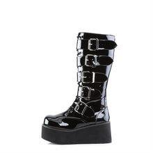 Load image into Gallery viewer, outer side view of black vinyl patent shiny 3 1/4" platform Goth punk style knee high boot with 5 adjustable buckle straps from top to bottom with full inner side zipper