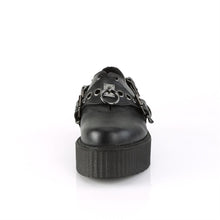 Load image into Gallery viewer, front side view of black vegan leather 2 inch platform creeper with O ring design on the front and adjustable straps on both sides of front of shoe, with hidden lace up underneath and bat ring adjustable strap on outside of shoe. has secret hidden coffin shaped compartment underneath sole cover inside shoe