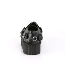 Load image into Gallery viewer, back side view of black vegan leather 2 inch platform creeper with O ring design on the front and adjustable straps on both sides of front of shoe, with hidden lace up underneath and bat ring adjustable strap on outside of shoe. has secret hidden coffin shaped compartment underneath sole cover inside shoe