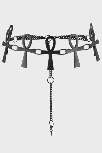 Black metal ankh chain link belt on a white background