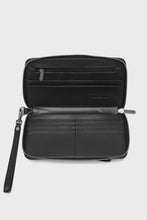Load image into Gallery viewer, Black leather wallet with wrist strap on a light gray background
