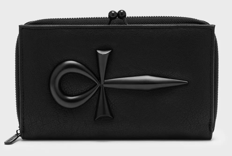 Black wallet with a unique ankh design on a light gray background