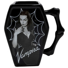 Load image into Gallery viewer, Vampira Cobweb Coffin Shaped Mug
