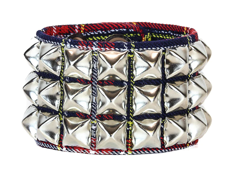 Blue/Red Plaid Bracelet w/ 3 Rows of Silver Pyramid Studs