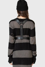 Load image into Gallery viewer, Person wearing a black and gray striped dress with vegan leather harness on a white background
