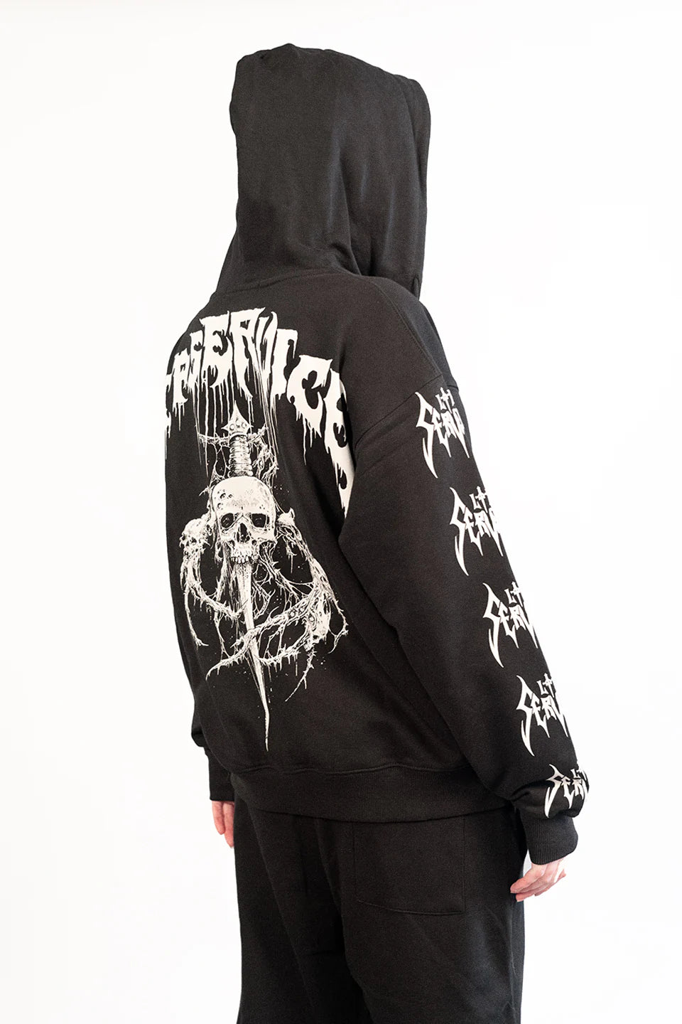 model showing back of hoodie