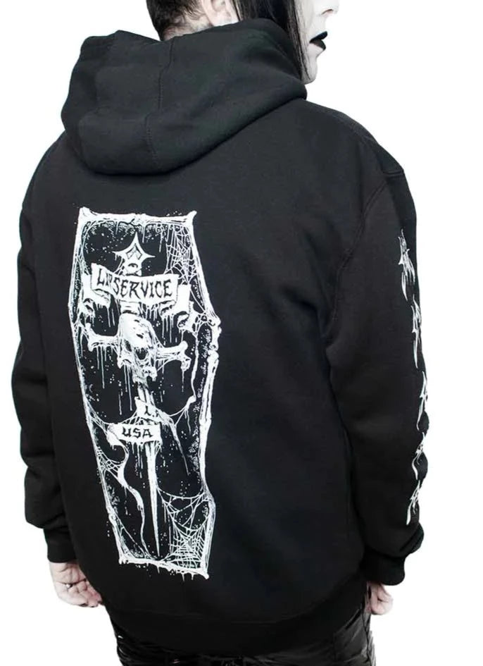 model showing back of hoodie